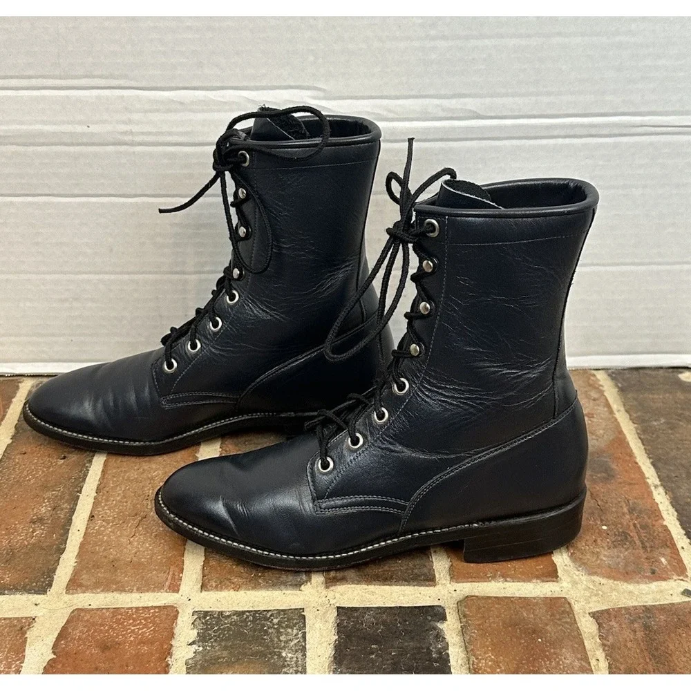 Vintage Justin Navy Blue Leather Ropers Lace Up Cowboy Boots Women's 7 B Western